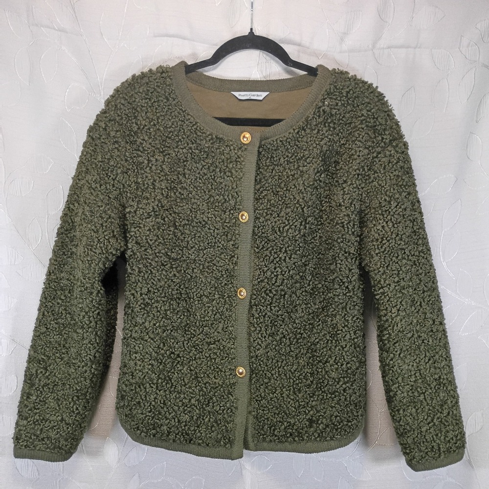 Pretty Garden Quiet Luxury Olive Green Teddy Fleece Button Front Jacket Size M
